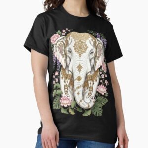 Sacred White Elephant - Oriental Gold Mandala with Peony Sakura Lotus Wisteria and Ginkgo — graphic tee