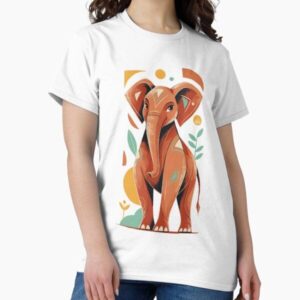 majestic elephant rendered in stylized 2D digital art with warm terracotta, orange, ivory, mint green, and yellow tones, — graphic tee